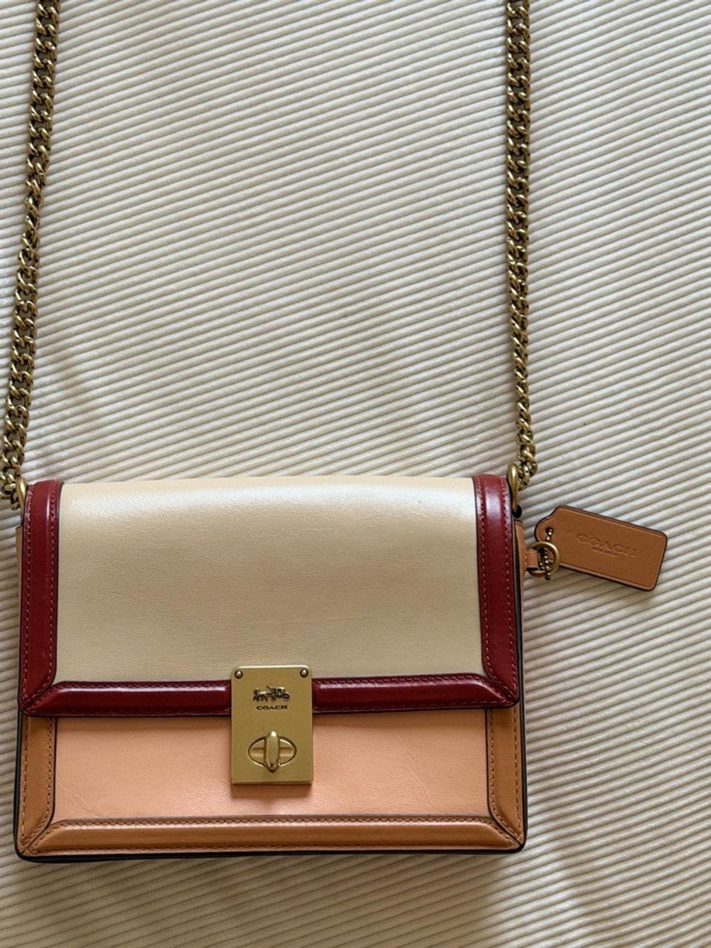 Coach Colorblock Leather Chain Shoulder Bag in Cream, Red & Tan
